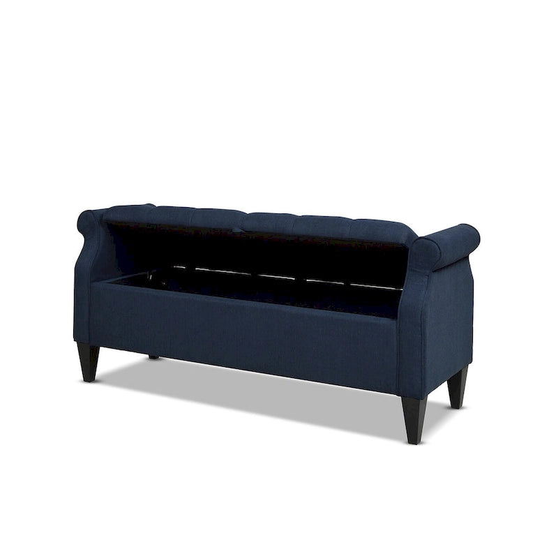 Upholstered Storage Bench with Hand-Tufted Cushion, Rolled Arms & Espresso Legs