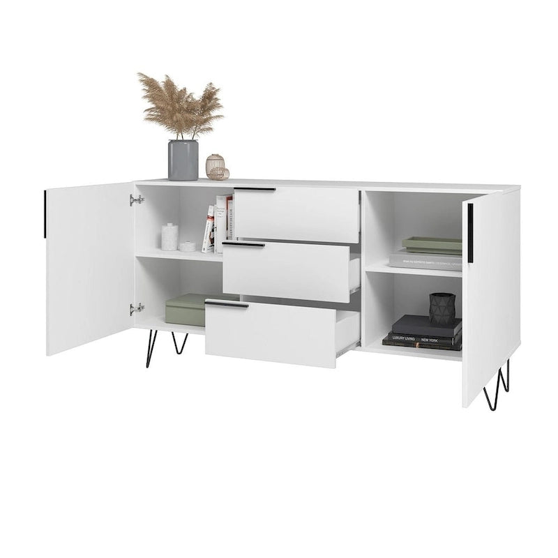 Mid-Century Modern Buffet Sideboard 62.99" with 4 Shelves & 3 Center Drawers