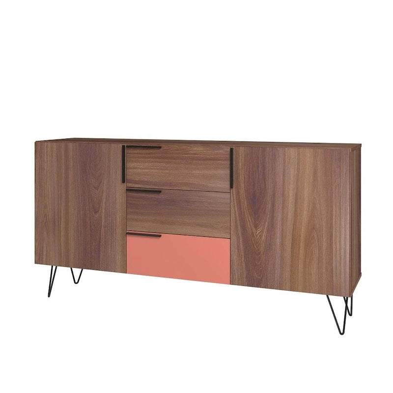Mid-Century Modern Buffet Sideboard 62.99" with 4 Shelves & 3 Center Drawers