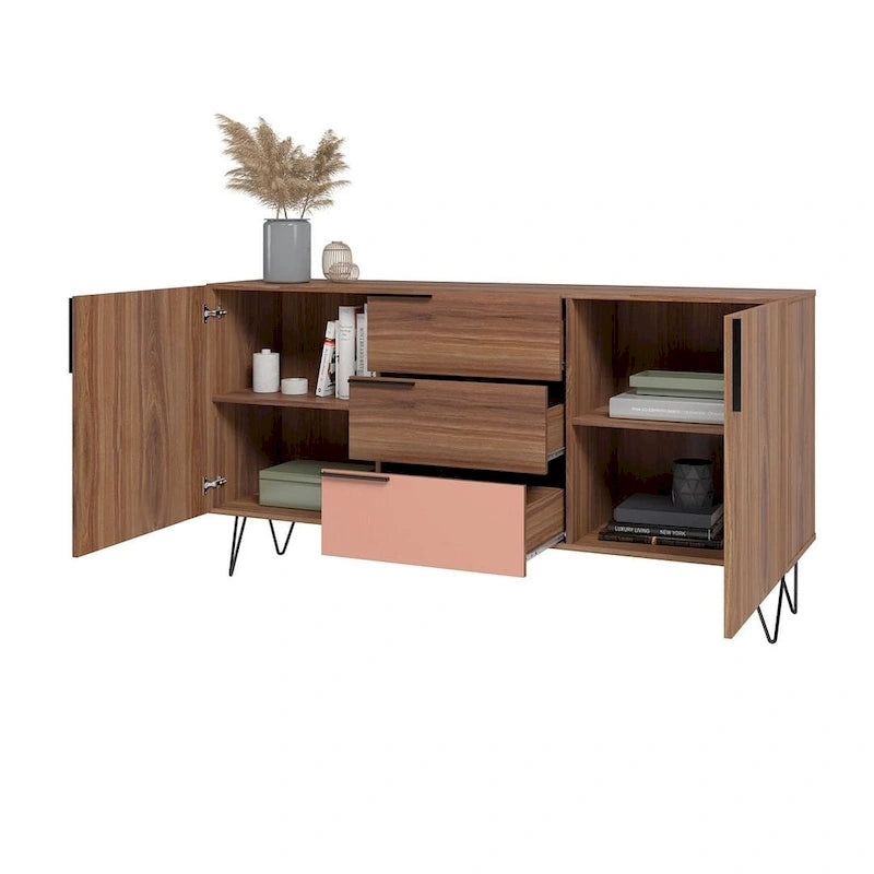 Mid-Century Modern Buffet Sideboard 62.99" with 4 Shelves & 3 Center Drawers