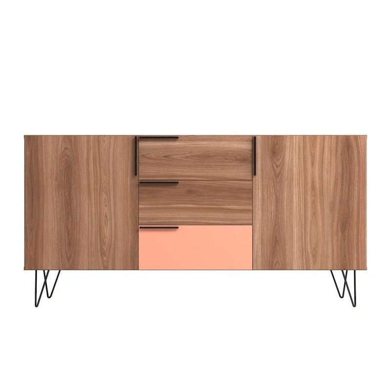 Mid-Century Modern Buffet Sideboard 62.99" with 4 Shelves & 3 Center Drawers