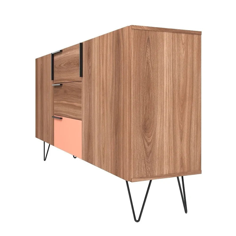 Mid-Century Modern Buffet Sideboard 62.99" with 4 Shelves & 3 Center Drawers