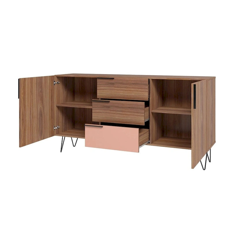 Mid-Century Modern Buffet Sideboard 62.99" with 4 Shelves & 3 Center Drawers