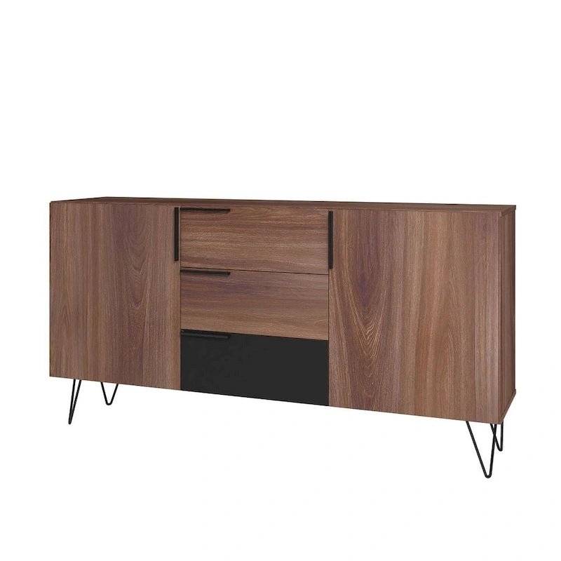 Mid-Century Modern Buffet Sideboard 62.99" with 4 Shelves & 3 Center Drawers