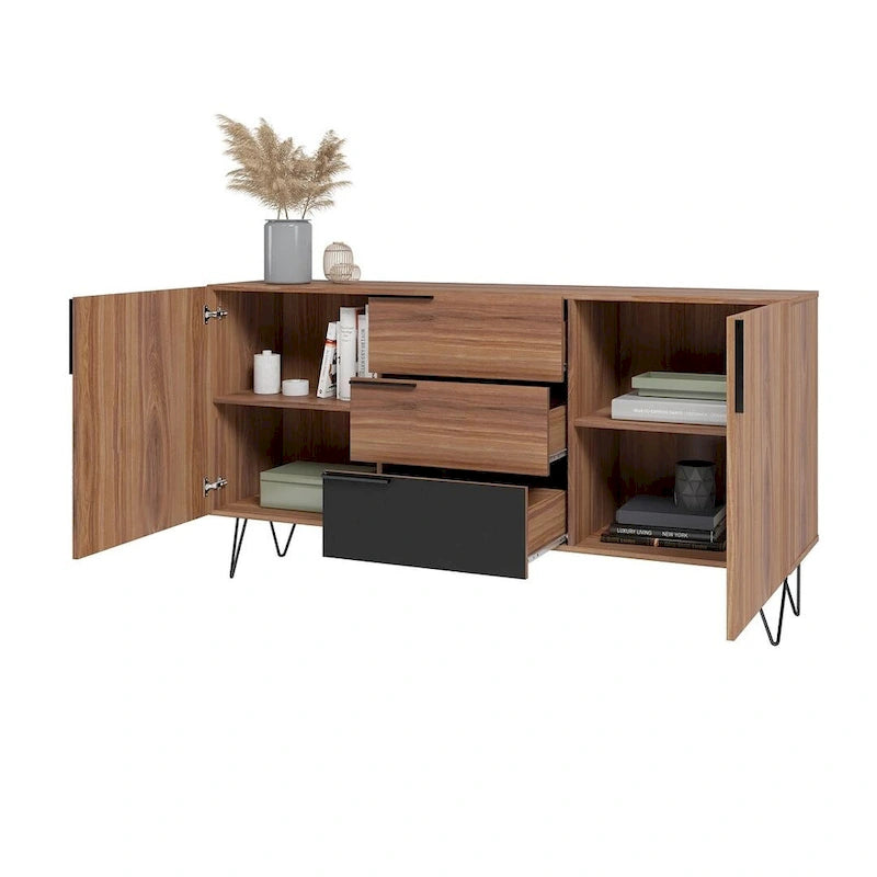 Mid-Century Modern Buffet Sideboard 62.99" with 4 Shelves & 3 Center Drawers