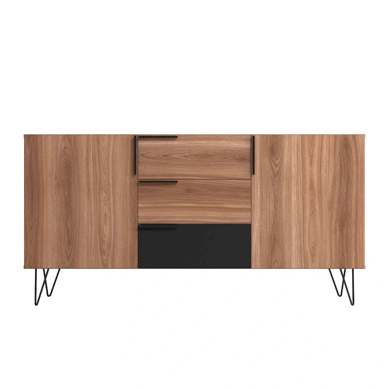 Mid-Century Modern Buffet Sideboard 62.99" with 4 Shelves & 3 Center Drawers