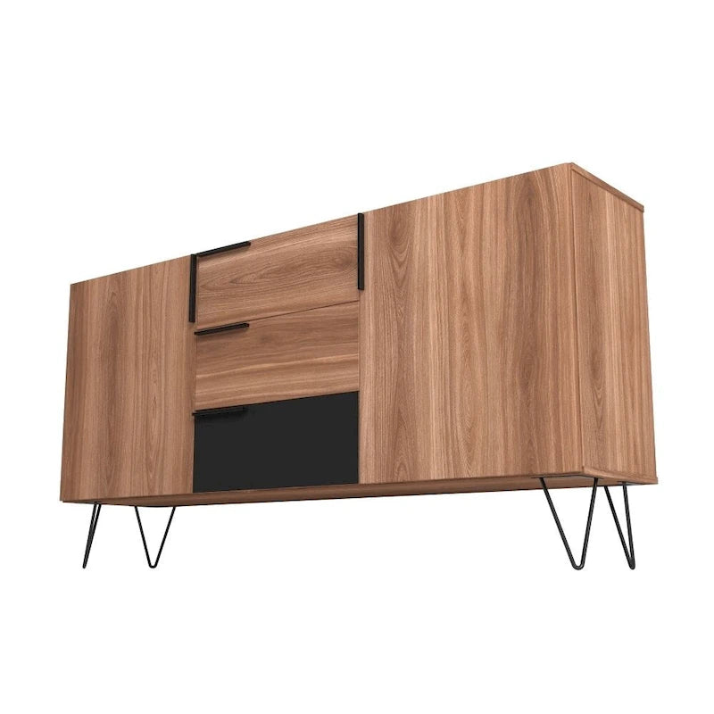 Mid-Century Modern Buffet Sideboard 62.99" with 4 Shelves & 3 Center Drawers