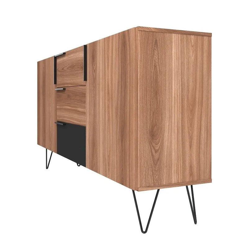 Mid-Century Modern Buffet Sideboard 62.99" with 4 Shelves & 3 Center Drawers