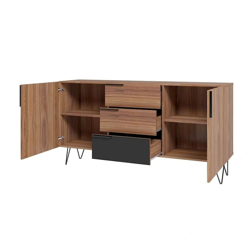Mid-Century Modern Buffet Sideboard 62.99" with 4 Shelves & 3 Center Drawers