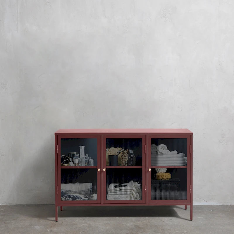 Modern Metal & Tempered Fluted Glass 3-Door Sideboard with Golden Hardware