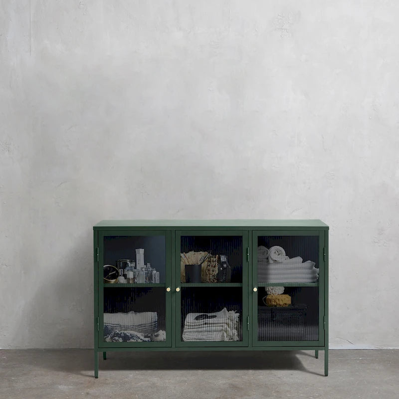 Modern Metal & Tempered Fluted Glass 3-Door Sideboard with Golden Hardware