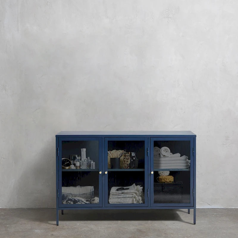 Modern Metal & Tempered Fluted Glass 3-Door Sideboard with Golden Hardware