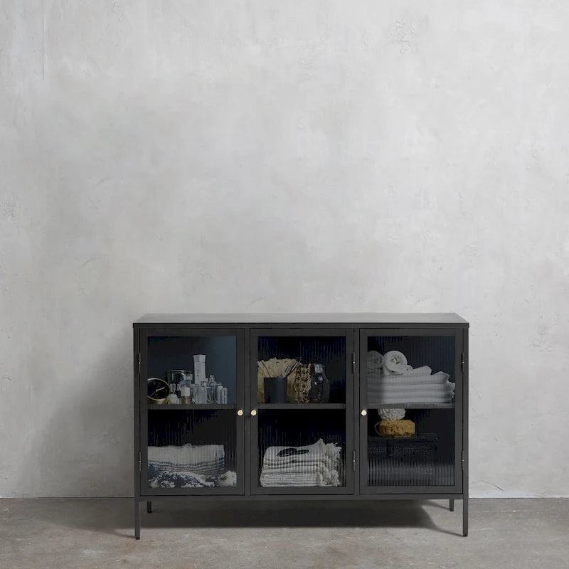 Modern Metal & Tempered Fluted Glass 3-Door Sideboard with Golden Hardware