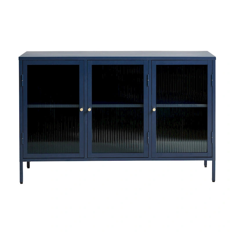 Modern Metal & Tempered Fluted Glass 3-Door Sideboard with Golden Hardware