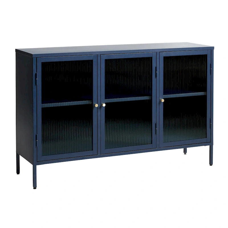 Modern Metal & Tempered Fluted Glass 3-Door Sideboard with Golden Hardware