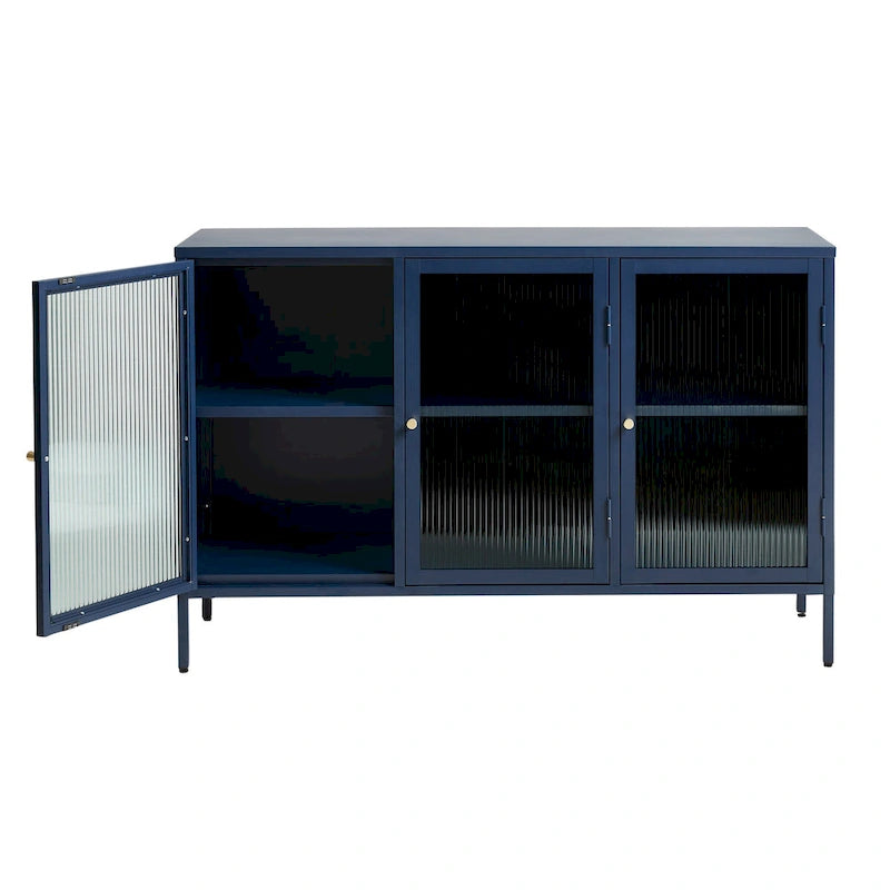 Modern Metal & Tempered Fluted Glass 3-Door Sideboard with Golden Hardware