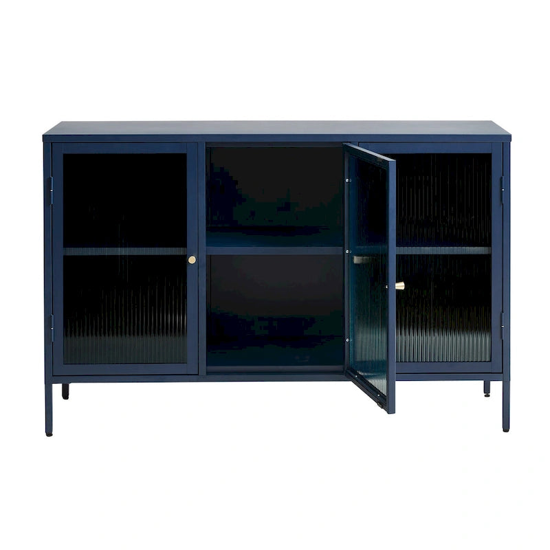 Modern Metal & Tempered Fluted Glass 3-Door Sideboard with Golden Hardware