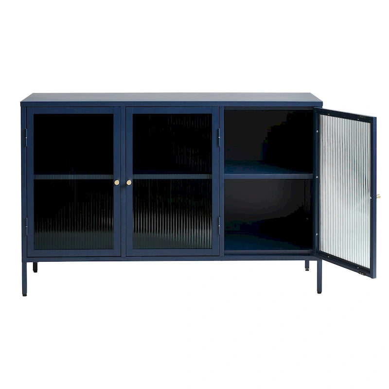 Modern Metal & Tempered Fluted Glass 3-Door Sideboard with Golden Hardware