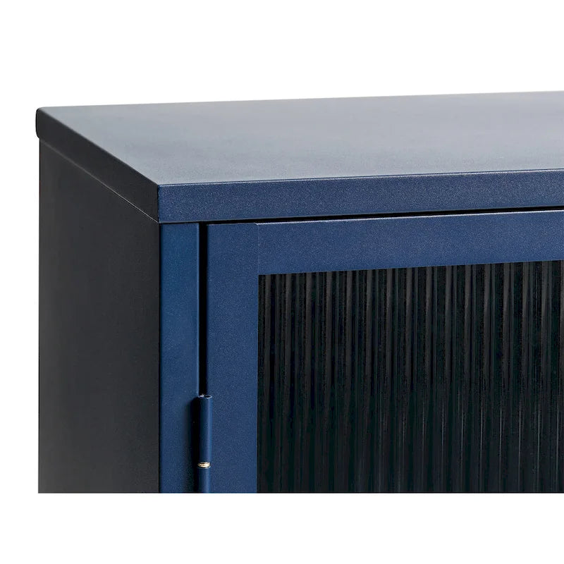 Modern Metal & Tempered Fluted Glass 3-Door Sideboard with Golden Hardware