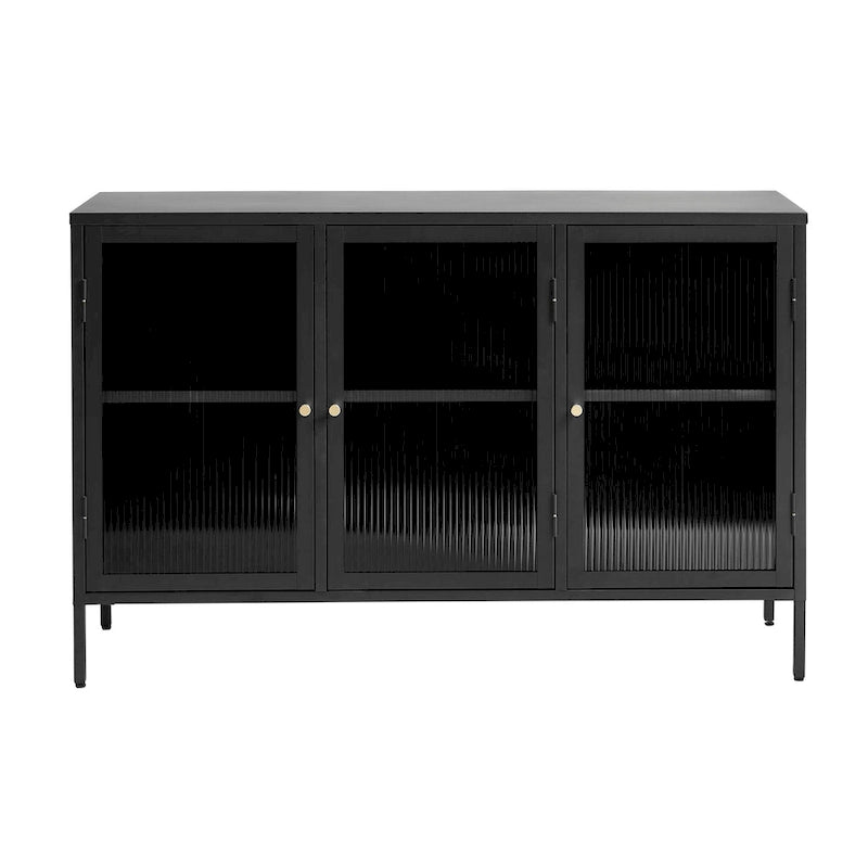 Modern Metal & Tempered Fluted Glass 3-Door Sideboard with Golden Hardware