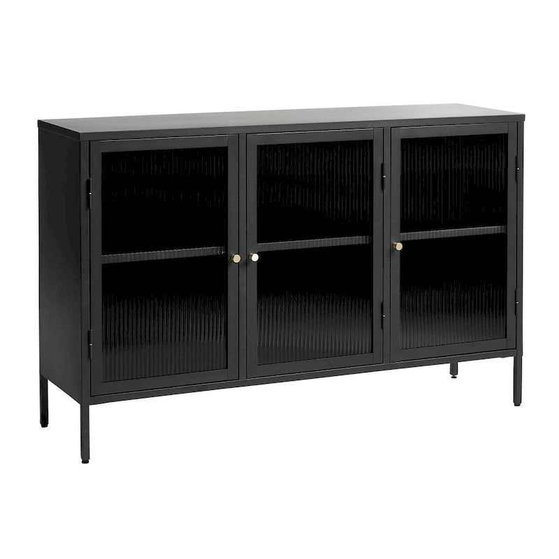 Modern Metal & Tempered Fluted Glass 3-Door Sideboard with Golden Hardware
