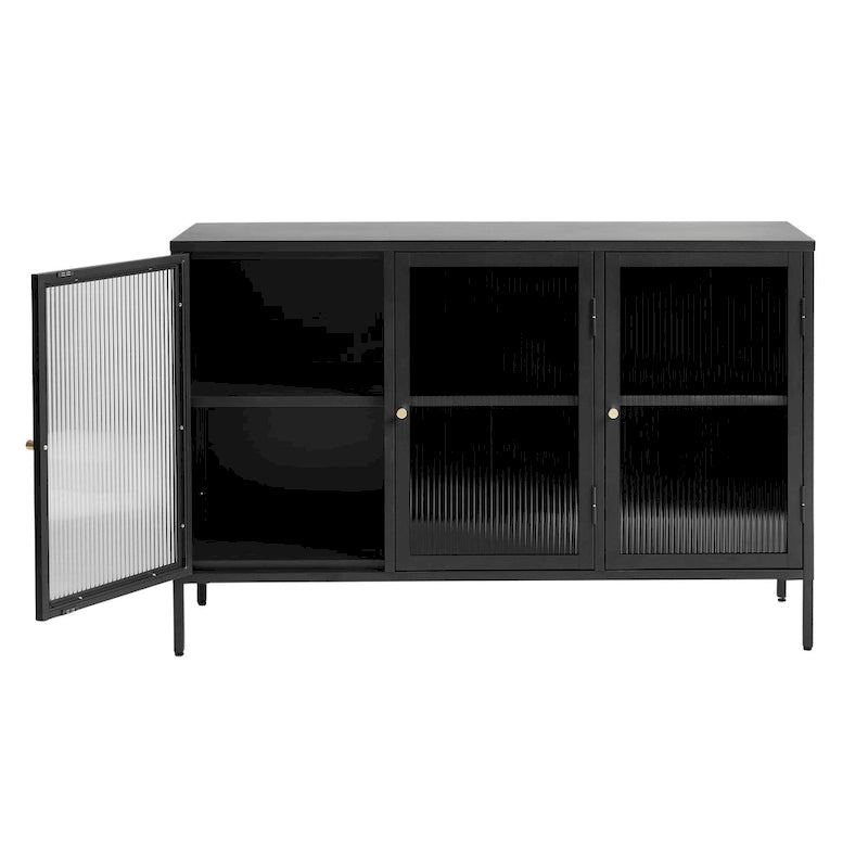 Modern Metal & Tempered Fluted Glass 3-Door Sideboard with Golden Hardware