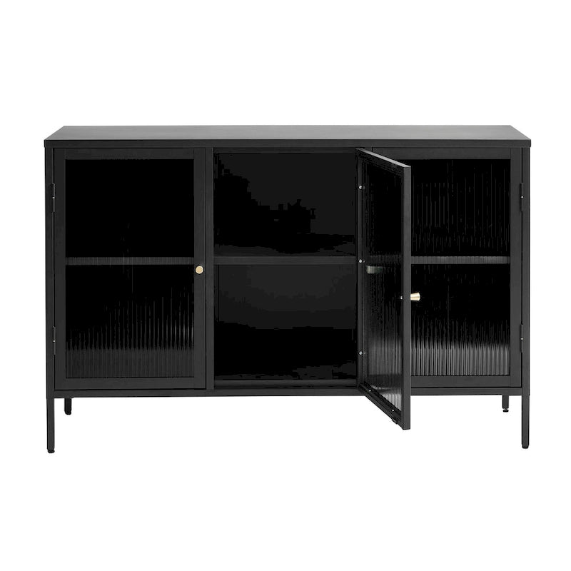 Modern Metal & Tempered Fluted Glass 3-Door Sideboard with Golden Hardware