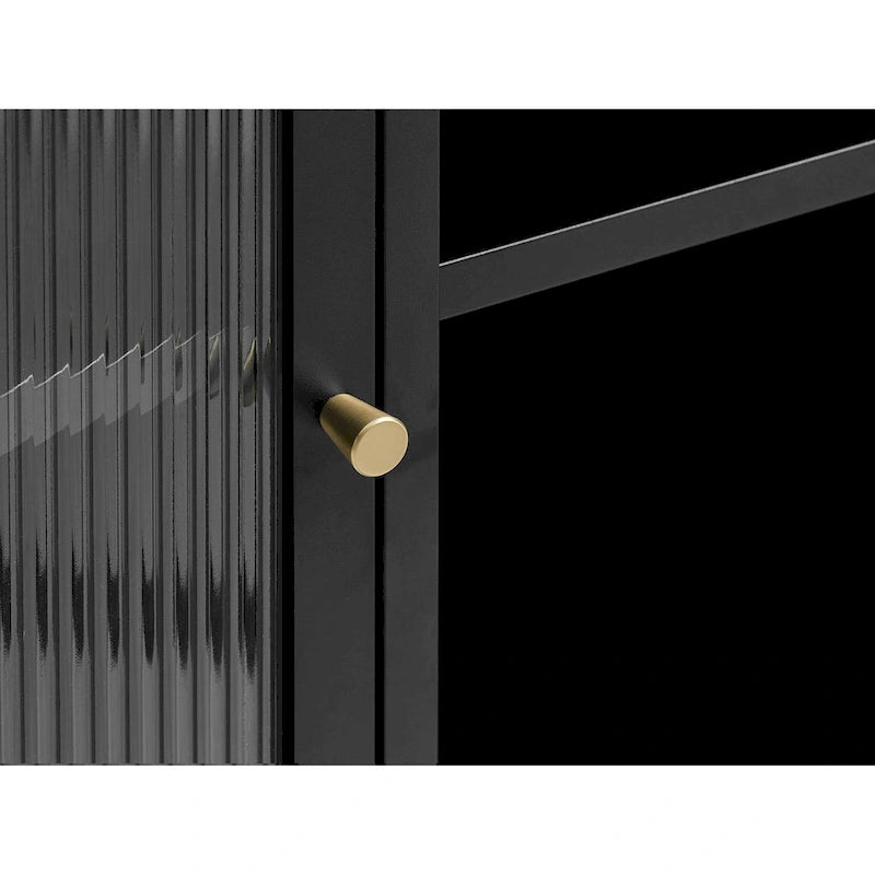 Modern Metal & Tempered Fluted Glass 3-Door Sideboard with Golden Hardware
