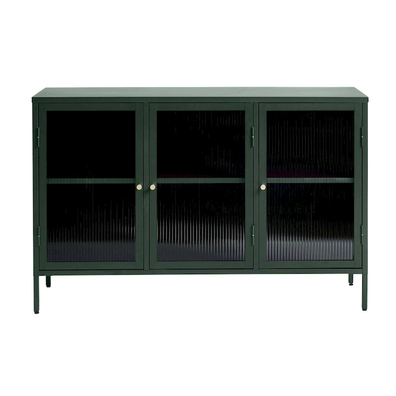 Modern Metal & Tempered Fluted Glass 3-Door Sideboard with Golden Hardware