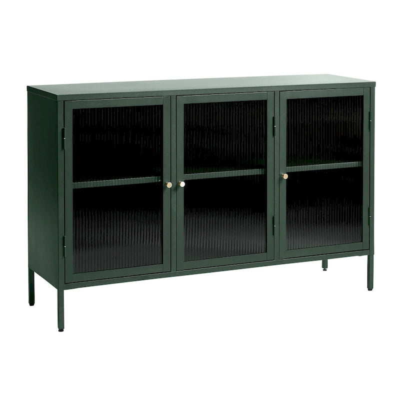 Modern Metal & Tempered Fluted Glass 3-Door Sideboard with Golden Hardware