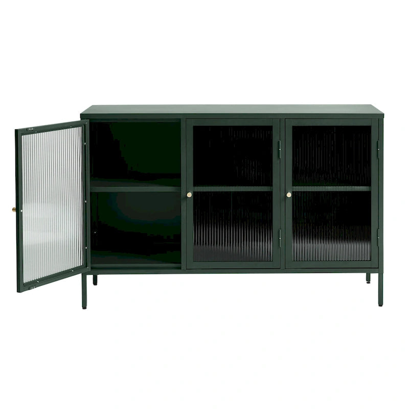 Modern Metal & Tempered Fluted Glass 3-Door Sideboard with Golden Hardware
