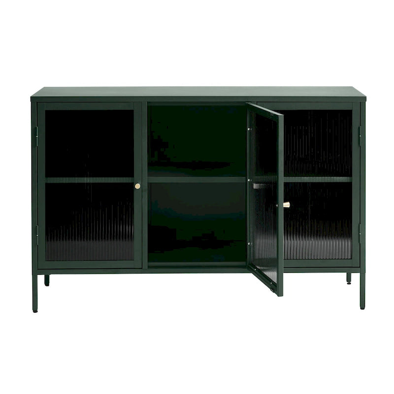 Modern Metal & Tempered Fluted Glass 3-Door Sideboard with Golden Hardware