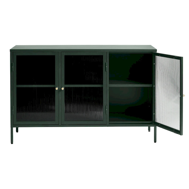Modern Metal & Tempered Fluted Glass 3-Door Sideboard with Golden Hardware