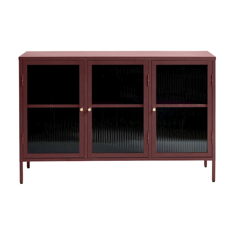 Modern Metal & Tempered Fluted Glass 3-Door Sideboard with Golden Hardware