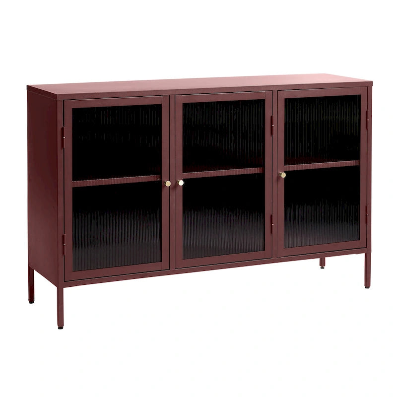 Modern Metal & Tempered Fluted Glass 3-Door Sideboard with Golden Hardware
