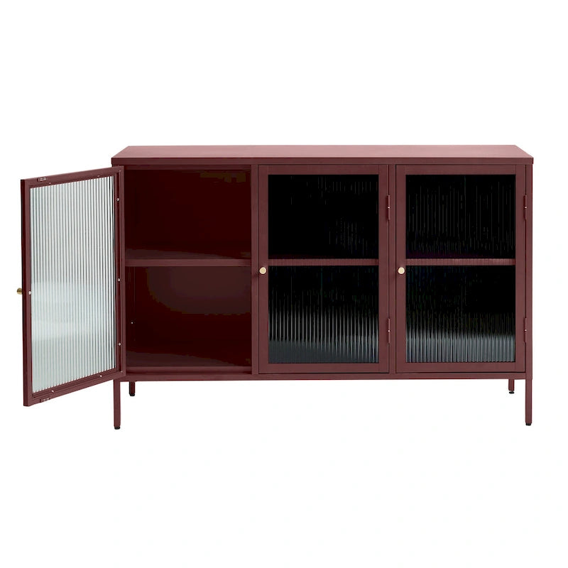 Modern Metal & Tempered Fluted Glass 3-Door Sideboard with Golden Hardware