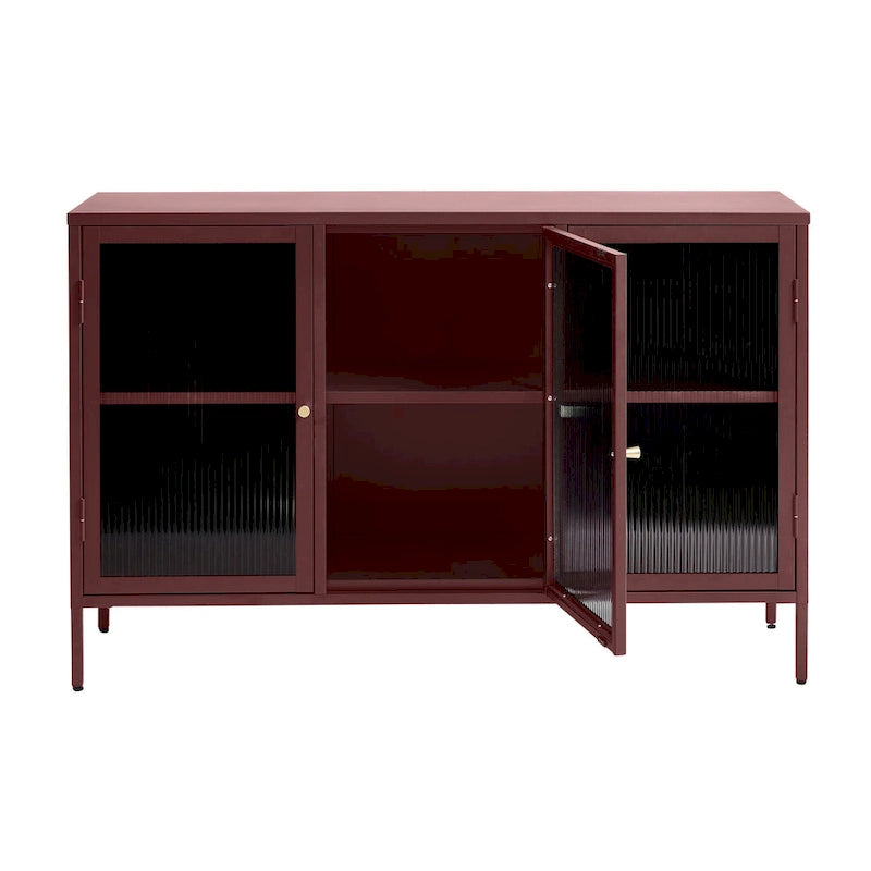Modern Metal & Tempered Fluted Glass 3-Door Sideboard with Golden Hardware