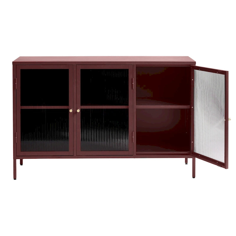 Modern Metal & Tempered Fluted Glass 3-Door Sideboard with Golden Hardware