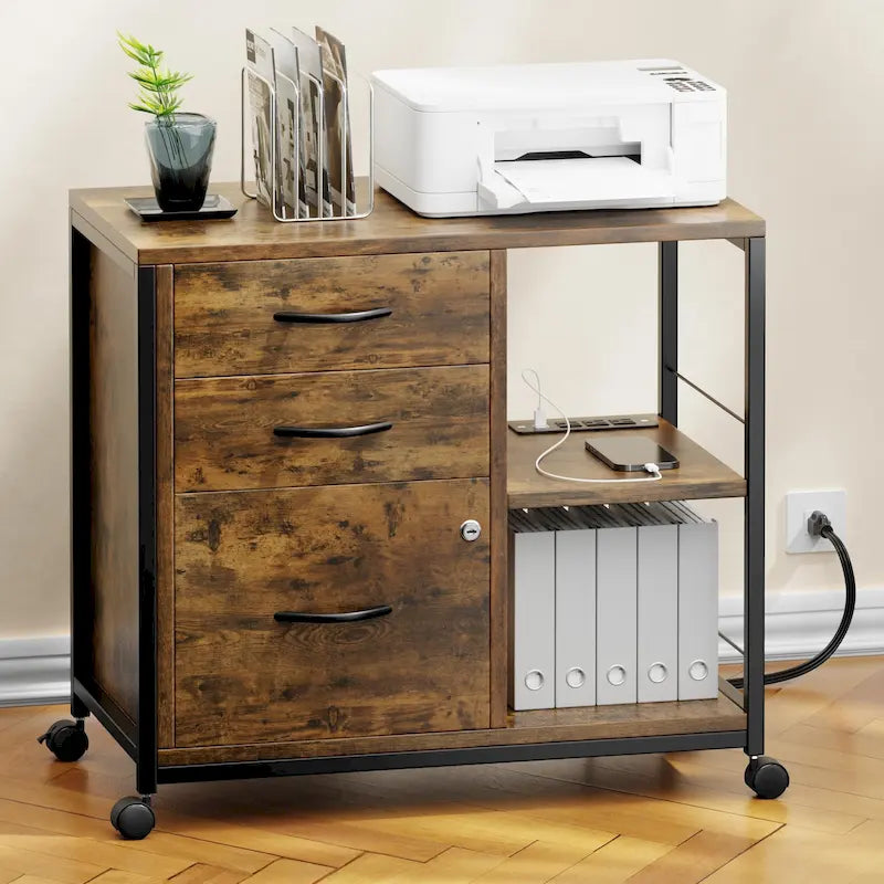 3 Drawer Wood File Cabinet with Socket Rolling Lateral Locking