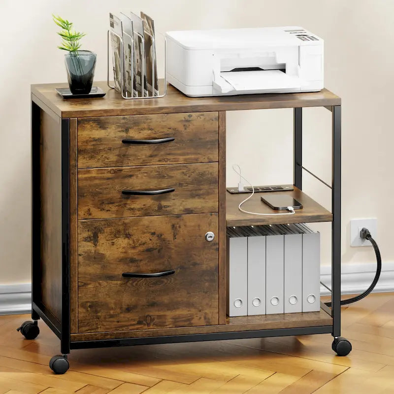 3 Drawer Wood File Cabinet with Socket Rolling Lateral Locking
