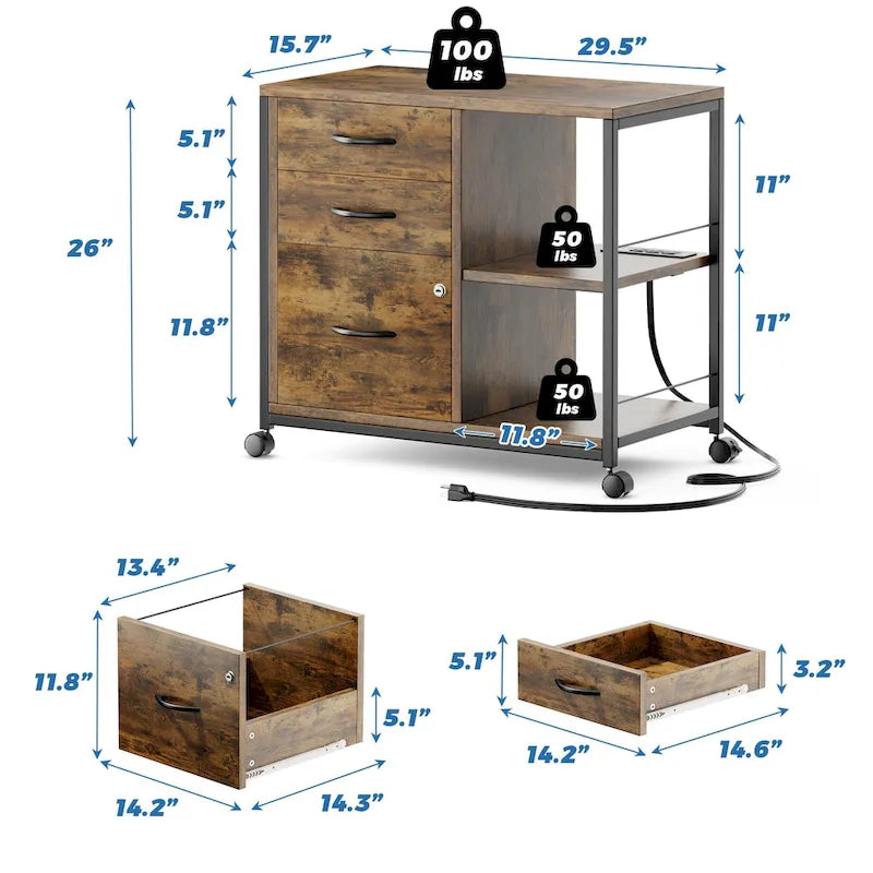 3 Drawer Wood File Cabinet with Socket Rolling Lateral Locking