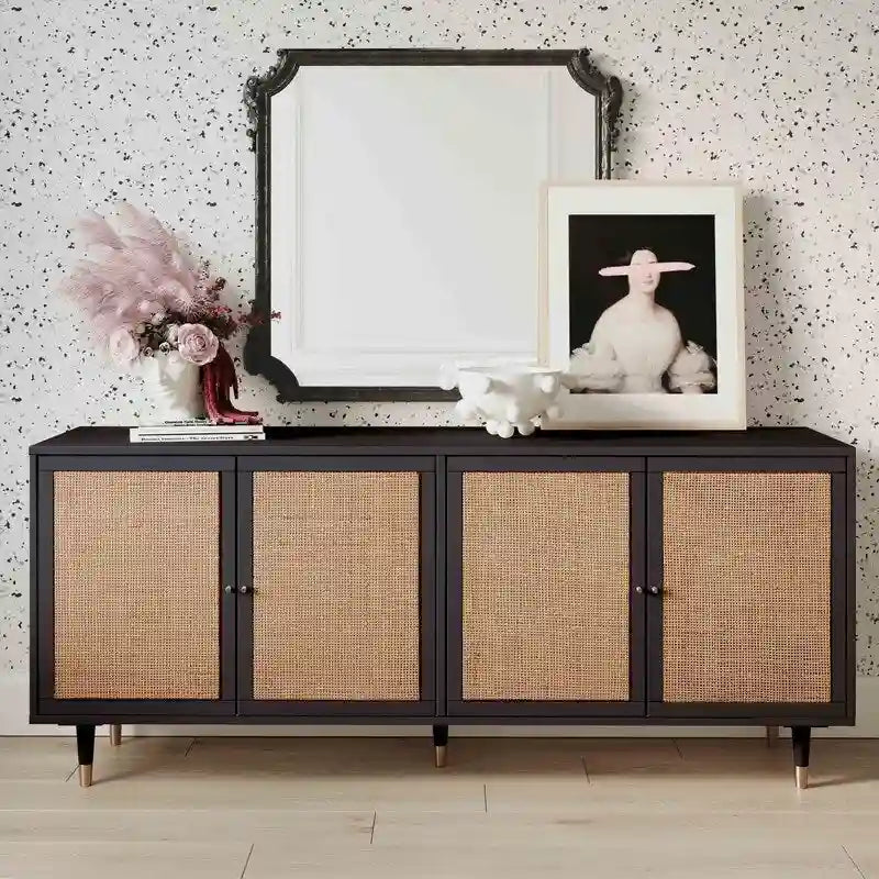 Jungle-Chic Sideboard with Cane & Brass Details, Soft-Close Doors, 72x17.8x31"