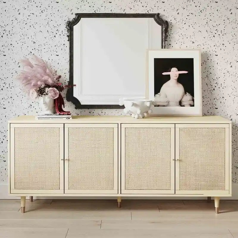 Jungle-Chic Sideboard with Cane & Brass Details, Soft-Close Doors, 72x17.8x31"