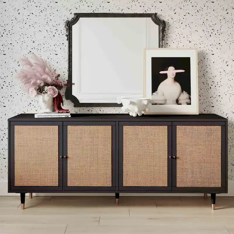 Jungle-Chic Sideboard with Cane & Brass Details, Soft-Close Doors, 72x17.8x31"