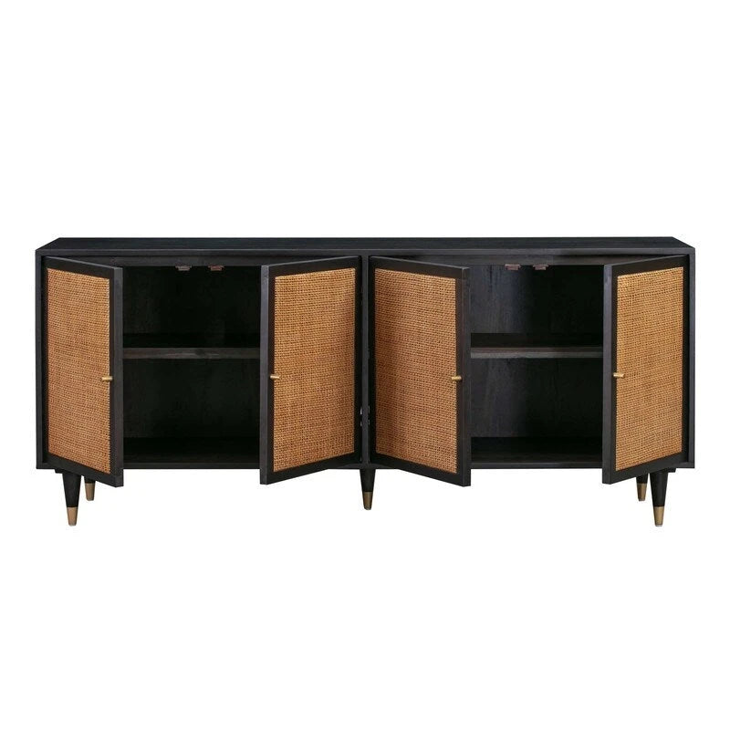 Jungle-Chic Sideboard with Cane & Brass Details, Soft-Close Doors, 72x17.8x31"
