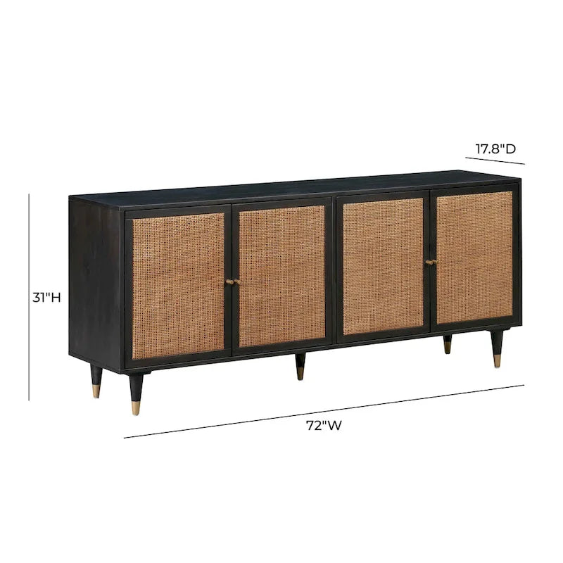 Jungle-Chic Sideboard with Cane & Brass Details, Soft-Close Doors, 72x17.8x31"