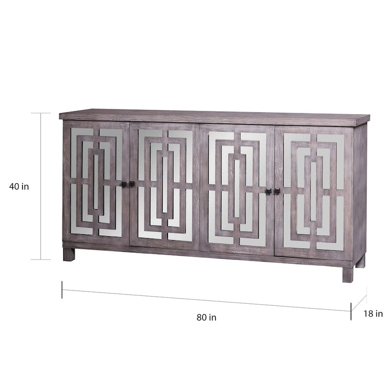 4-Door Gray Wash Beveled Mirror Sideboard, Hardwood, 80x18x40"