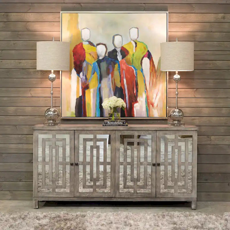 4-Door Gray Wash Beveled Mirror Sideboard, Hardwood, 80x18x40"
