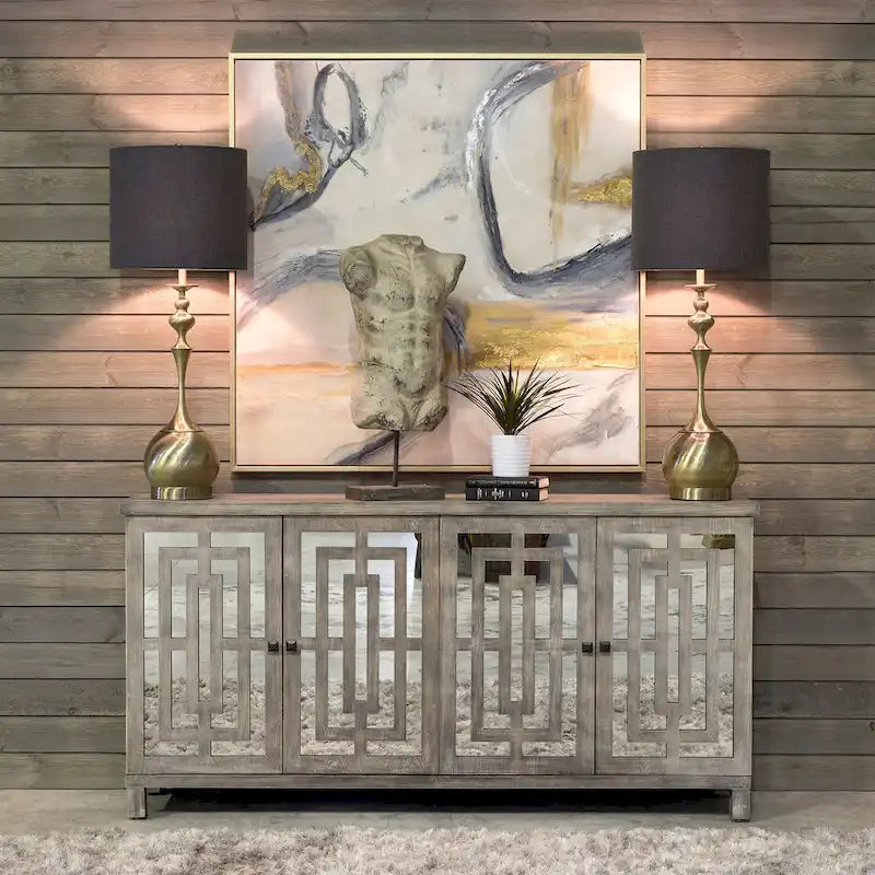 4-Door Gray Wash Beveled Mirror Sideboard, Hardwood, 80x18x40"