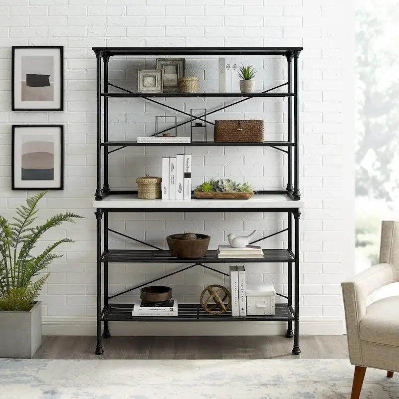 French Industrial Baker's Rack with Faux Marble Top & 6 Open Shelves, Black & White